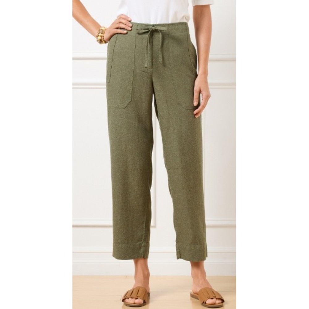 NWT Talbots Linen Blend Cropped Pull On Casual Pants Olive Pockets Size MP